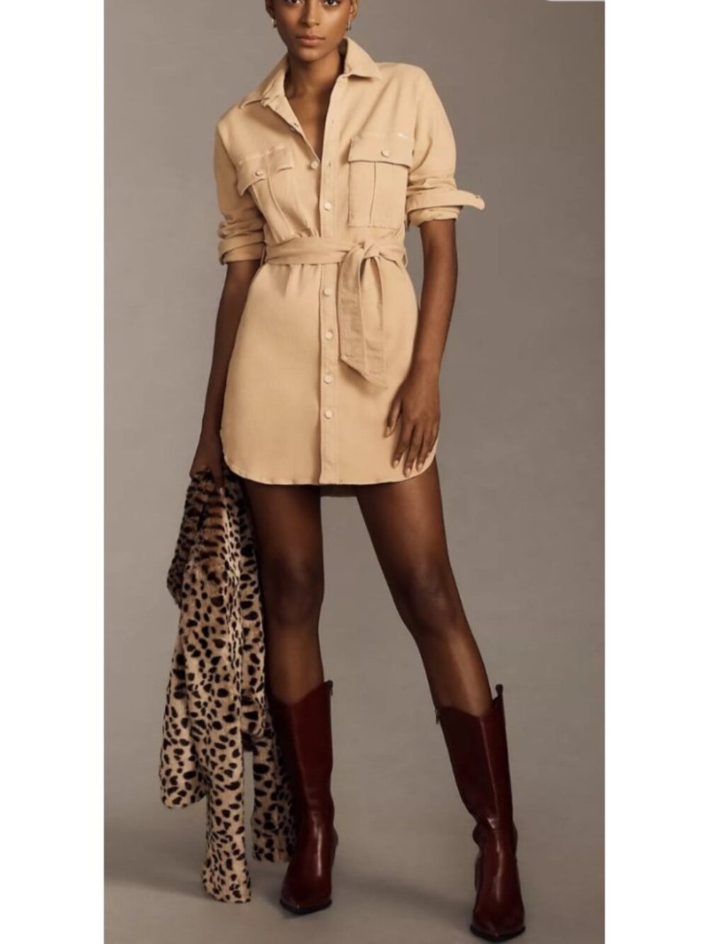 NEW Mother the Cadet Mini Shirt Dress Belted Sand Small Denim Long-Sleeve